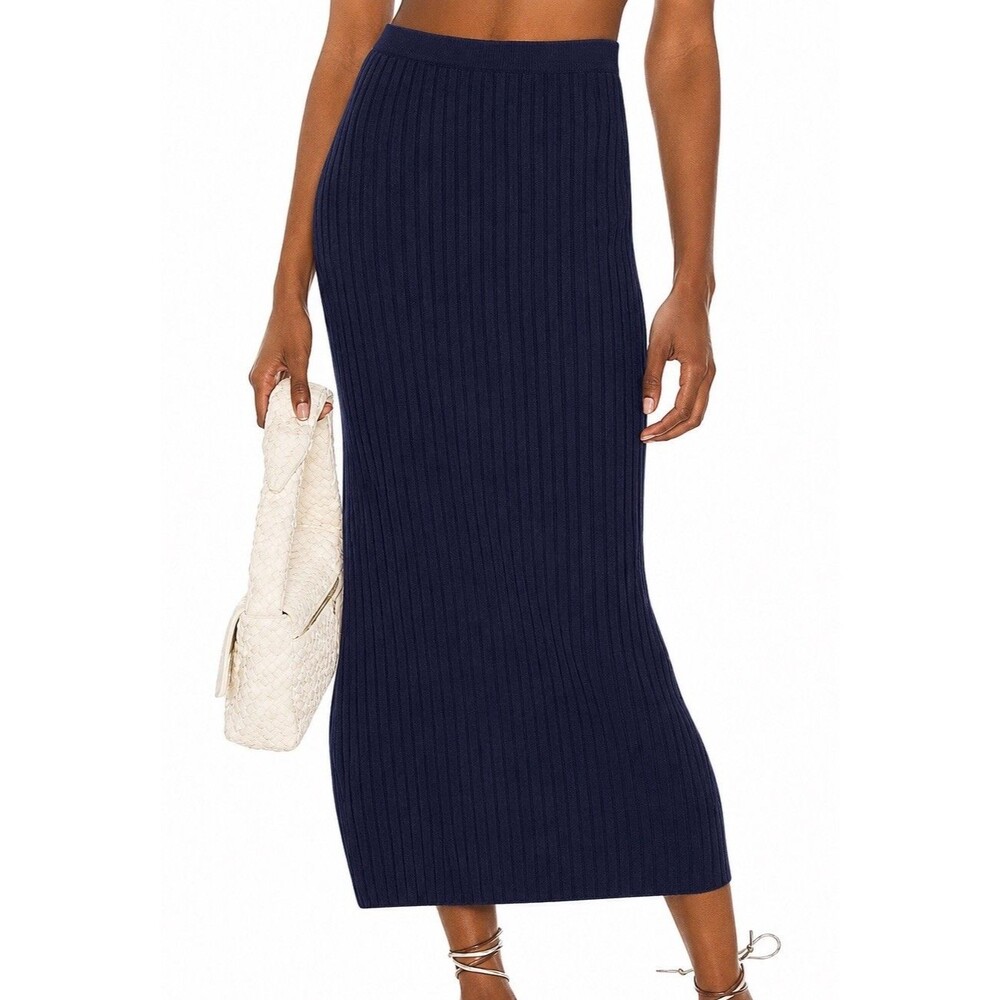 FREE PEOPLE Beach Navy Blue Ribbed Knit Women Sz S Skirt Midi Coastal NWOT